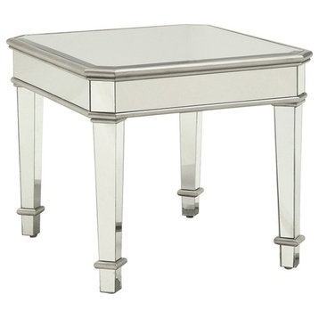 Contemporary Side Table, Mirrored Design With Tapered Legs & Beveled Top, Silver