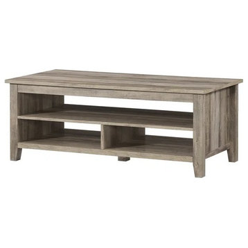 Modern Coffee Table, Grooved Accented Design With Spacious Shelves, Gray Wash