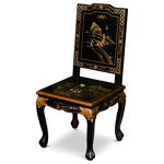 China Furniture and Arts - Black Queen Anne Chinoiserie Scenery Motif Oriental Accent Chair - This majestic 18th-century Queen-Ann chair is hand painted with an opulent Chinoiserie gold scenery motif that makes it an elegant work of art. It is an eye catching piece wherever it is placed.