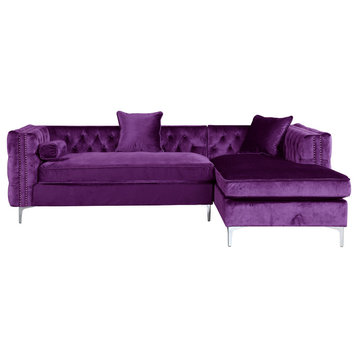 Right Facing Sectional Sofa, Padded Velvet Seat & Button Tufted Back, Purple