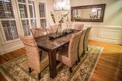 Enclosed dining room - mid-sized country medium tone wood floor enclosed dining room idea in Raleigh with beige walls and no fireplace