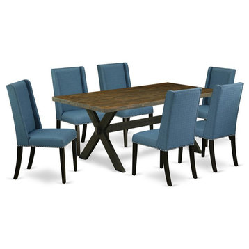 East West Furniture X-Style 7-piece Wood Dining Table Set in Black/Blue/Jacobean