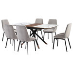 Armen Living - Alora Susie Extendable 7 Piece Dining Set With Gray Fabric Chairs - The impressive Alora Susie Extendable 7 Piece Dining Set with Gray Fabric Chairs includes 1 Alora extendable dining table and 6 Susie swivel dining chairs. The streamlined silhouette and stunning details lend a refined and sophisticated appeal to our dining room chair. Its tall, sculpted back is uplifted with an elegant channeling detail to bring a dose of style and charm to any corner. The kitchen chair is perched upon slender black metal legs to serve as an effortless and stylish fit to your home. Its tall back seamlessly widens at the bottom to support and comfortably cradle your back. Both the back and seat are generously padded to offer long-lasting comfort. Our modern dining chair can easily float from your dining and living room to your home office to offer an easy and comfy space to land. The Susie includes a 180 - degree swivel function to allow for maximum mobility and lingering conversations. The tabletop features a harmonious combination of light gray ceramic with a walnut finished wood accent in its center. Rounded edges attain a soft silhouette, and the metal cross leg base brings a cool touch with the copper caps. This table can easily extend from 51" to 67" to comfortably seat up to six of your closest friends or family members. From a perfect spot to enjoy your casual meals to a luxe place to host your formal dinners, our dining table remains a versatile and stylish addition to your home. The table is expertly crafted to offer durability and easy maintenance. The Alora Susie dining set is available in 5 and 7 piece set configurations and features a light gray ceramic and walnut wood top with black metal legs and gray upholstered swivel chairs.