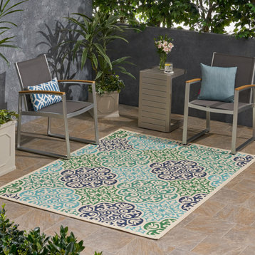 Ellie Outdoor Medallion Area Rug, Ivory and Multi, 5'3"x7'