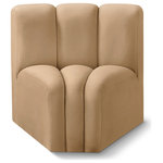 Meridian Furniture - Arc Upholstered Modular Component, Camel, 1-Piece: Curved Corner, Velvet - Give your living room or den the perfect blend of style and versatility with this Arc velvet fabric curved corner chair. Part of the Arc modular furniture collection, this chair comes upholstered in rich camel velvet fabric and features deep channel tufting that adds a touch of luxury while enhancing comfort and support. A seamless combination of form and function, this chair can be used with other Arc pieces to create a myriad of configurations in your well-curated room.