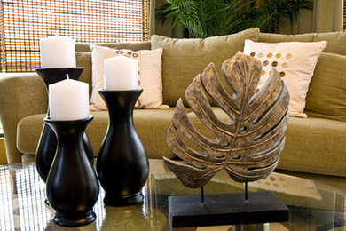 Family room - huge tropical open concept family room idea in Hawaii with beige walls