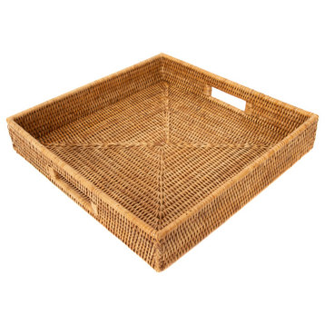 Artifacts Rattan™ Square Ottoman Tray with Cutout Handles, Honey Brown, 16"x16
