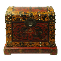 Chinese Distressed Yellow Red Dragon Graphic Trunk Box Chest - Decorative Boxes