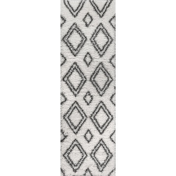 Beni Moroccan Style Diamond Shag Area Rug, Ivory/Dark Gray, 2 X 8