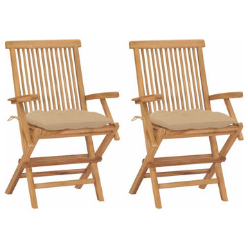 vidaXL 2x Solid Teak Wood Patio Chairs with Beige Cushions Lounge Seating