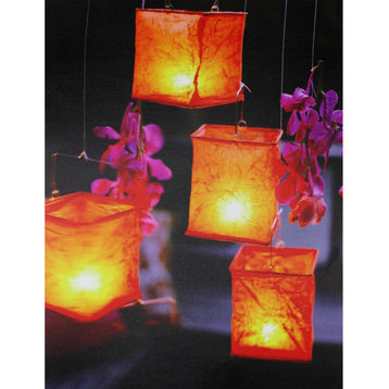 4 LED Lighted Garden Lanterns With Flowers Canvas Wall Hanging, 12"