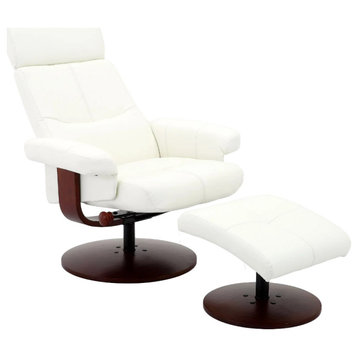 Elegant Recliner Chair & Footstool, Swivel Design With White Faux Leather Seat