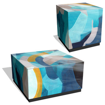 "Puzzle Blues" Reverse Printed Glass Side Table with Black Plinth Base Set of 2