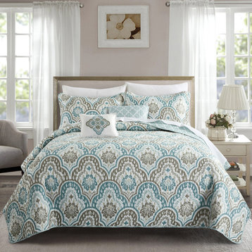 Tivoli Ikat Quilted 5 Piece Bed Spread Set, Teal Aqua, Floor Touching King