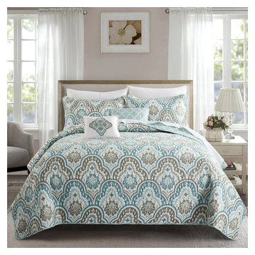 Tivoli Ikat Quilted 5 Piece Bed Spread Set, Teal Aqua, Floor Touching King