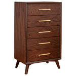Alpine Furniture - Gramercy 5 Drawer Chest - The streamlined design of the Gramercy mid-century 4 drawer chest creates a stunning focal point in your space. The clean lines, and angled legs combine to form a signature look to this classic piece. The Gramercy collection pieces are structurally sound and constructed with Mahogany wood solids and veneer in a classic Walnut (Brown) finish. The Gramercy collection hints at subtle refinement, without overpowering your current decor. Drawers feature English Dovetail Drawer Construction, felt lined top drawer to protect your valuables as well as metal ball bearing drawer glides The pieces in the Alpine Furniture Gramercy collection fluidly fits in with a variety of aesthetics and color schemes to compliment your bedroom setting. Coordinate with other pieces from the Gramercy bedroom collection.