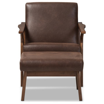 Bianca Mid-Century Modern Dark Brown Lounge Chair and Ottoman Set, Dark Brown