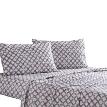Veria 4 Piece Full Bedsheet Set With Celtic Knot Print, White And Gray