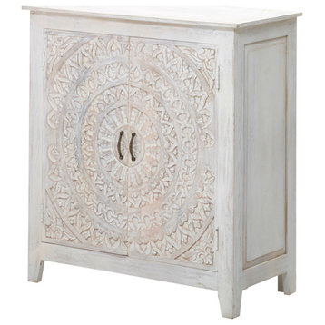 38" White Washed Hand Carved Lace Mandala Design Accent Cabinet