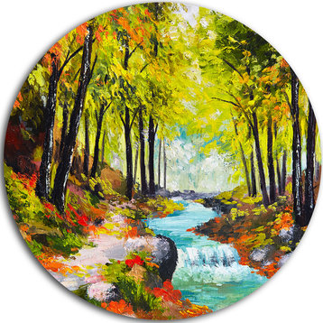 River In Green Autumn Forest, Landscape Painting Round Wall Art, 23"