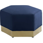 Meridian Furniture - Marquis Velvet Upholstered Set, Navy, Ottoman - Revamp your living room, den or great room with this Marquis velvet ottoman. This handsome piece features a bold contemporary look that's well at home in most modern decor themes. A well-padded top ensures total comfort for your legs while you relax. Upholstered in soft navy velvet, this piece fits in nicely with nearly any other colors in the room, and the brushed gold stainless steel base ensures its up-to-the-minute look.