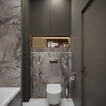 Apartment with black bedroom and bathroom