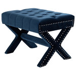 Inspired Home - Paola Velvet Button Tufted Silver Nailhead Trim X-Leg Ottoman, Navy - Our X-leg ottoman adds a gentle sophistication in the confines of your living room, bedroom or entryway. Featuring a button tufted high density foam cushioned seat and decorative nail head trim with solid birch X-legs, this elegant accent piece provides both functionality and a focal point of color and style that seamlessly blend with your main furniture to create a dynamic and cozy interior space to come home to.FEATURES: