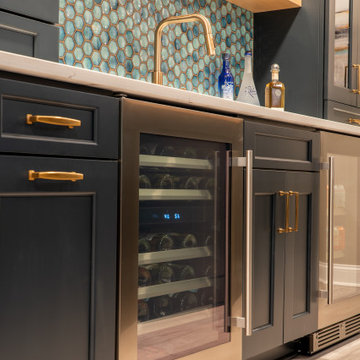 Luxury Custom Home Bar | Navy Cabinetry & Live-Edge Countertop