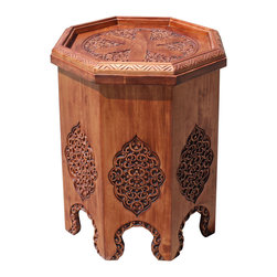 Asian Octagon Floral Relief Carving Side Table Stand - Side Tables And End Tables