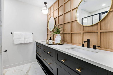 Bathroom - transitional gray tile porcelain tile, beige floor and double-sink bathroom idea in Calgary with shaker cabinets, black cabinets, gray walls, an undermount sink, quartz countertops, gray countertops and a floating vanity