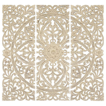 Benzara BM00070 Floral Hand Carved Wooden Wall Plaque Set of 3 Antique White