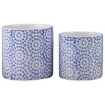 Urban Trends - Round Ceramic Pot With Blue Floral Pattern Design, Gloss White, Set of 2 - UTC potplanters are made of the finest ceramics which makes them tactile and attractive. They are primarily designed to accentuate your home, garden or virtually any space. Each potplanter is treated with a gloss finish that gives them rigidity against climate change, or can simply provide the aesthetic touch you need to have a fascinating focal point!!