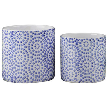 Round Ceramic Pot With Blue Floral Pattern Design, Gloss White, Set of 2