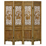 China Furniture and Arts - Grand Cedar Wood Village Scene Intaglio Oriental Floor Screen - Standing nearly 7 feet tall, grand floor screens like this are typically used as room dividers in Chinese houses. This cedar wood screen features intricately carved open patterns allowing air to circulate while creating a mesmerizing visual effect.