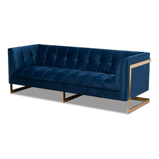 Rolland Royal Blue Velvet Button Tufted Gold Sofa With Gold Tone