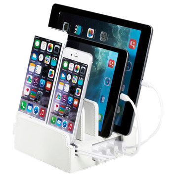 Compact Charging Station With Integrated 4-Port USB, White Leatherette, With Set
