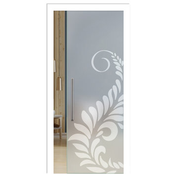 Pocket Glass Sliding Door with Flowers Design, 38"x80", Full-Private, T Handle B