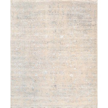 Transitional Hand-Knotted Beige Bsilk and Wool Area Rug- 8' 0" X 9' 8"