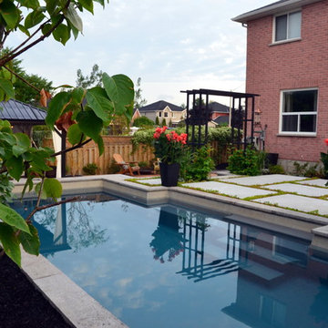 Modern Landscape with Fiberglass Pool, slab patio, water feature and more!