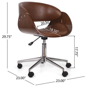 Stillmore Mid-Century Modern Upholstered Swivel Office Chair, Cognac/Walnut/Chro