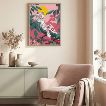 Contemporary Pastel Living Room Nook with Pink Armchair & Statement Leopard Art