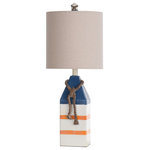 StyleCraft Home Collection - Nautical Rope Table Lamp, Blue And Orange Stripe, White Fabric Shade - A nautical-inspired fixture for a bedroom, office, or hallway, this lamp features an off-white base with blue and orange stripes. Rope-like accents and a white hardback shade complete the look. Add this charming table lamp with its three-way functionality to coastal decor in a living room or dining room.