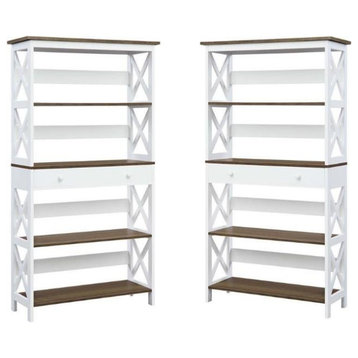 Home Square 5 Tier Shelf Driftwood Bookcase Set in White (Set of 2)