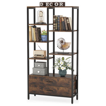 67" Tall Bookshelf, Industrial Bookcase With Drawers and Storage Space