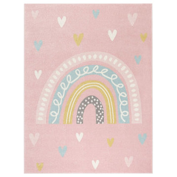 Kids Rug With Rainbow and Hearts, Pink, 4'4"x6'3"