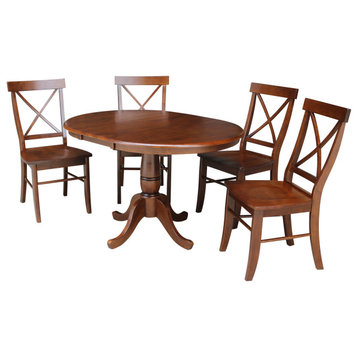 36" Round Top Pedestal Ext Table With 12" Leaf And 4 X-Back Chairs
