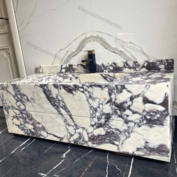 Luxury Bathroom Marble Sink Vanity with Marble Drawers, Calacatta Viola Marble,