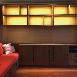 Cabinet, Display Shelving, Seating - Walnut & Ziricote Wood, Grasscloth - Display And Wall Shelves 