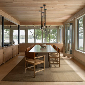 Antique Elm Flooring, Ceiling, and Box Beams in Wabi-Sabi Lakeside Dining Room