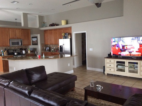 Need Help For Our Grand Living Room Kitchen And Breakfast Nook I Have Grey Walls With Light Tan Beige Tile Floors White Trim And Brown Furniture My Kitchen Cabinets Are Maple A Granite What Color Decor